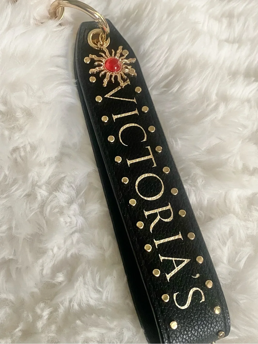 Victoria's Secret Black Leather Wristlet Keyring with Gold Accents and Red Charm